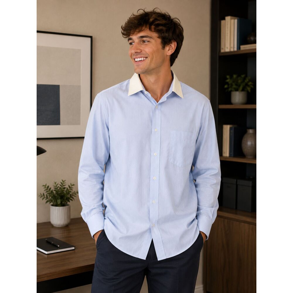 Chaps Mens Size 16 (32/33) Dress Shirt Blue White Contrast Collar Regular Fit